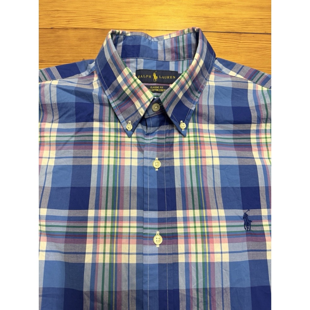 Ralph Lauren Button Up Shirt Blue Plaid Men's Large Classic Fit Cotton Stretch